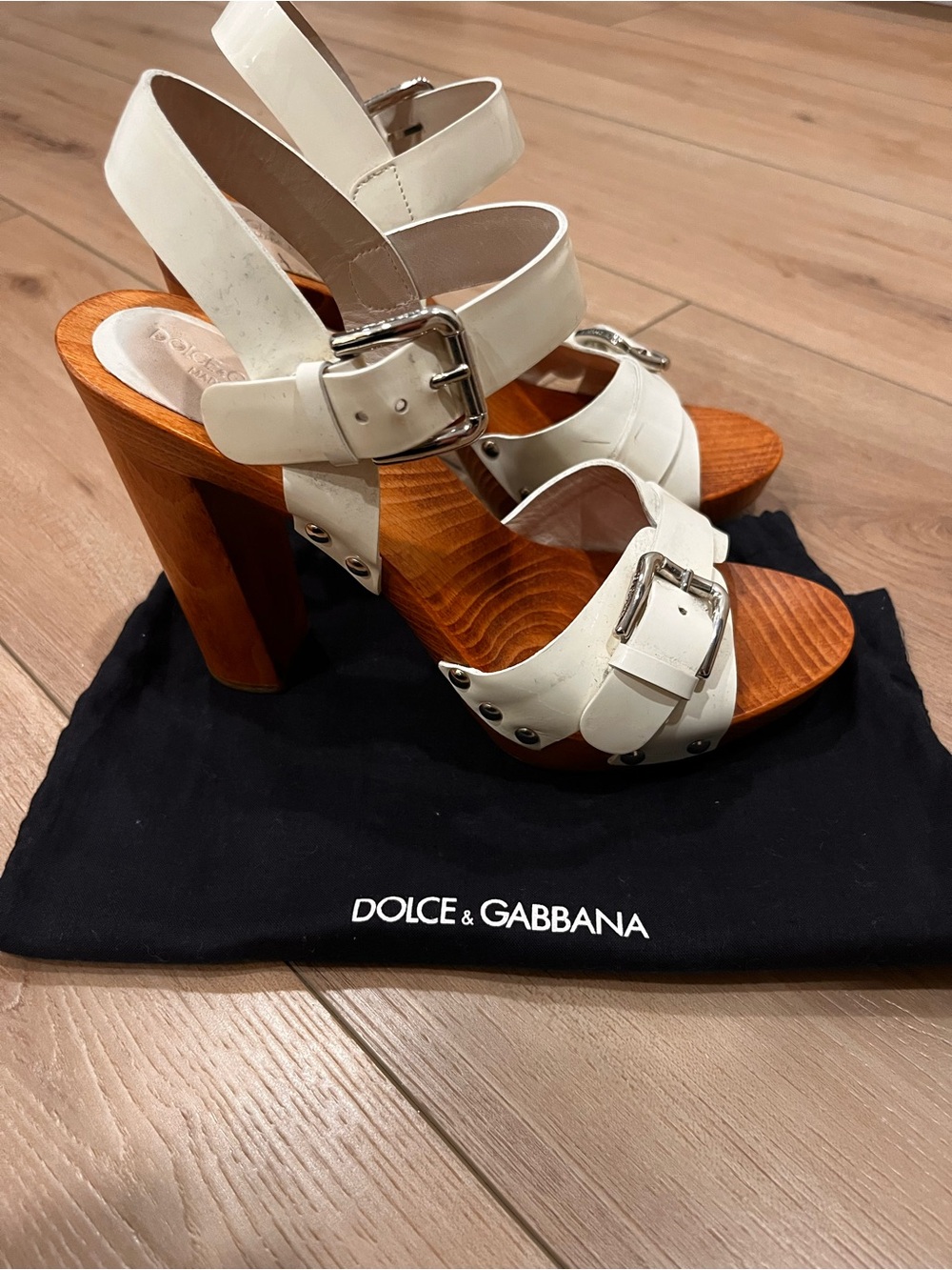 Dolce & Gabbana White Leather Buckle Wood-Platform Heels